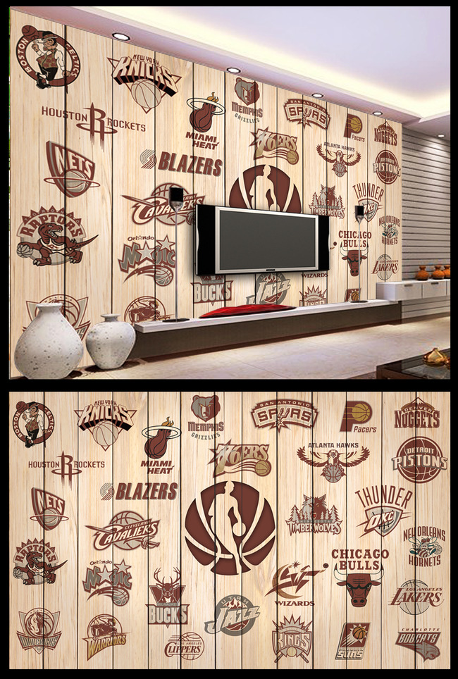 美国NBA队标队徽木板墙壁电视背景墙高清图