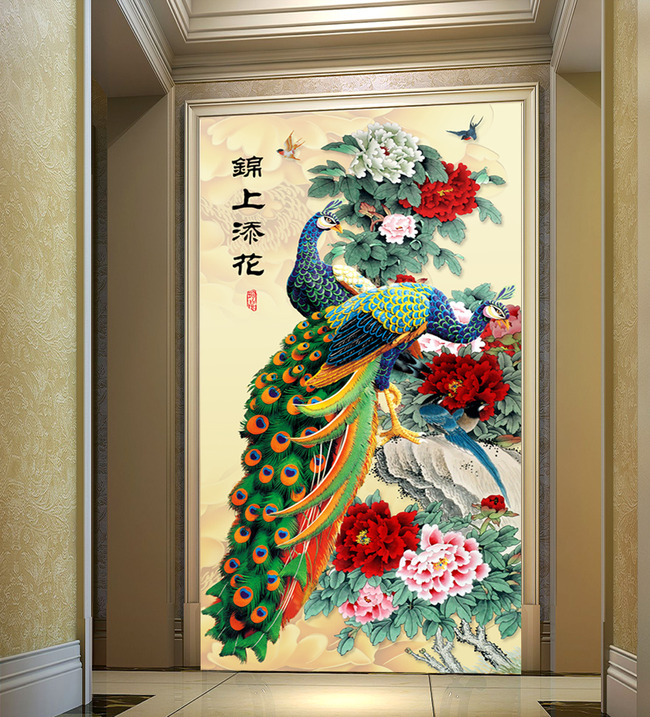锦上添花孔雀壁画玄关背景墙