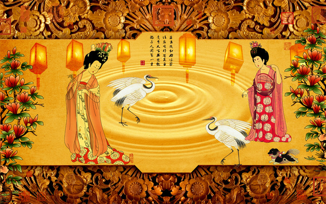 中式古典人物电视墙壁画贵妃醉酒图图片