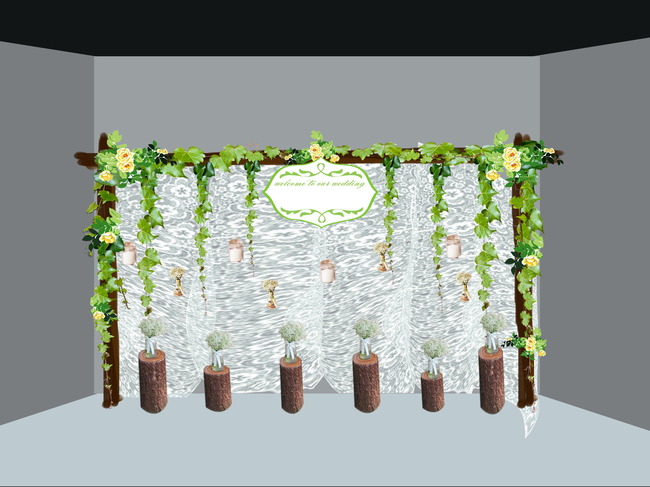 绿色田园风格婚礼迎宾区布置效果图模板下载(