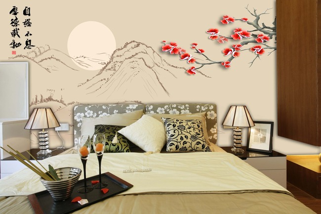 山水梅花自强不息厚德载物月亮高清图片下载(