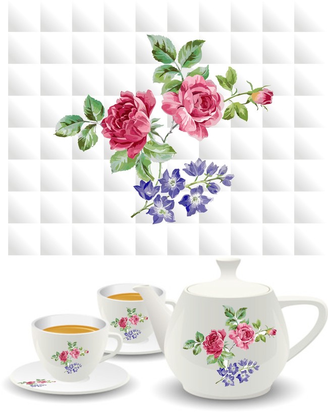 茶具红牡丹数码印花图案模板下载(图片编号:1