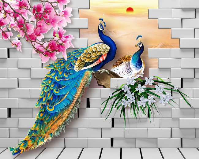 孔雀兰花玉兰红棉墙砖3D电视背墙高清图片下