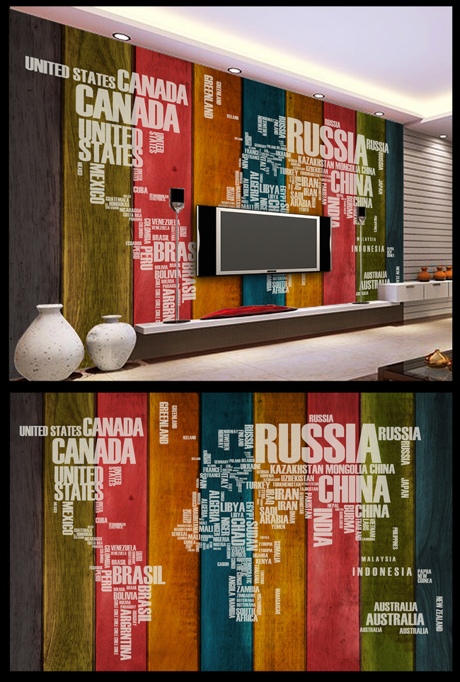 怀旧七彩木板墙壁英文字母电视背景墙高清图片