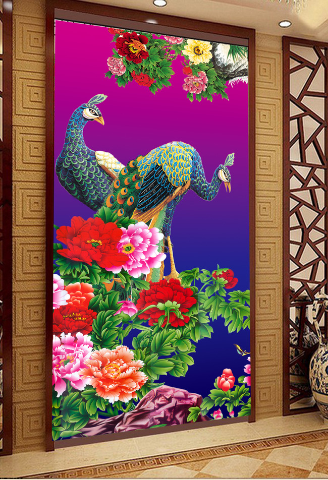 【本作品下载内容为:"孔雀图工笔画花开富贵牡丹花玄关壁画"模板,其他内容仅为参考,如需印刷成实物请先认真校稿,避免造成不必要的经济损失。】 【声明】未经权利人许可,任何人不得随意使用本网站的原创作品(含预览图),否则将按照我国著作权法的相关规定被要求承担最高达50万元人民币的赔偿责任。
