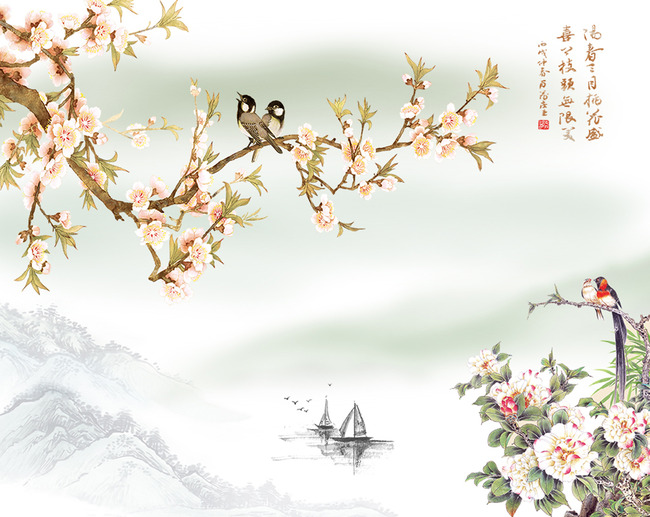 报春喜上眉梢山水风景高清电视背景墙高清图片