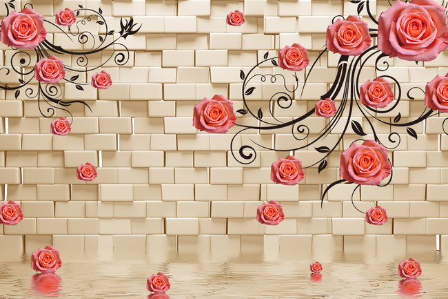 玫瑰花纹倒影水波纹3d砖墙瓷砖壁画背景墙高