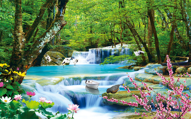 大自然山水荷花风光瀑布