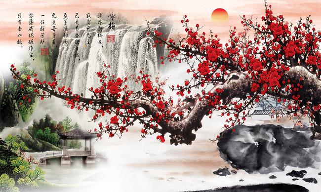 咏梅国画梅花瀑布山水画背景墙高清图片下载(