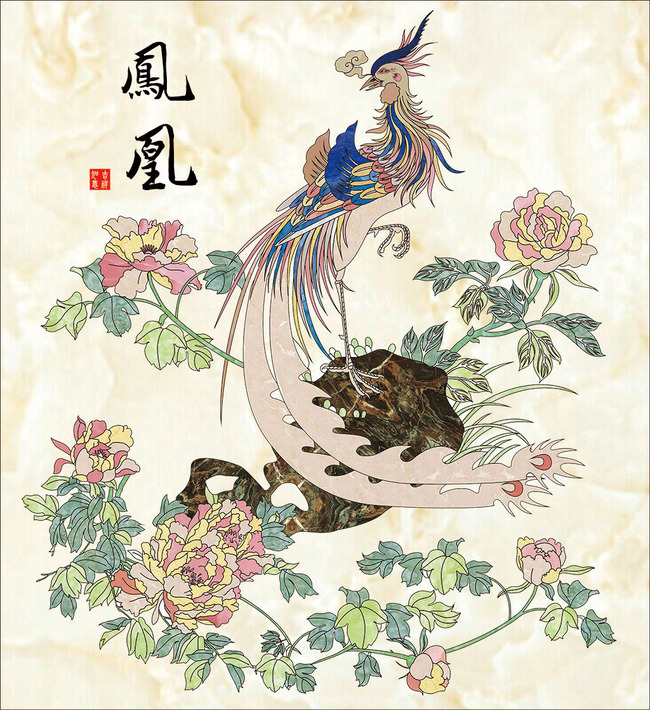 凤凰水刀牡丹电视背景墙高清图片下载(图片编