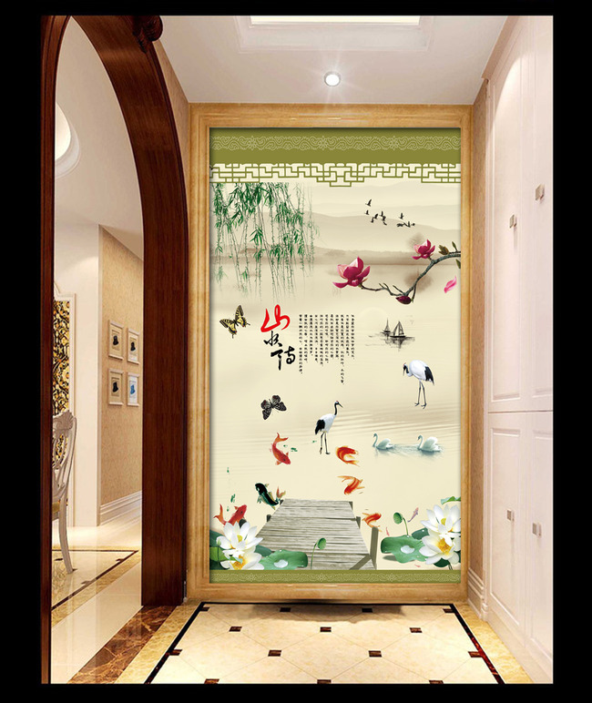 【本作品下载内容为:"山水情荷花赋中式古典玄关背景墙壁画"模板,其他内容仅为参考,如需印刷成实物请先认真校稿,避免造成不必要的经济损失。】 【声明】未经权利人许可,任何人不得随意使用本网站的原创作品(含预览图),否则将按照我国著作权法的相关规定被要求承担最高达50万元人民币的赔偿责任。