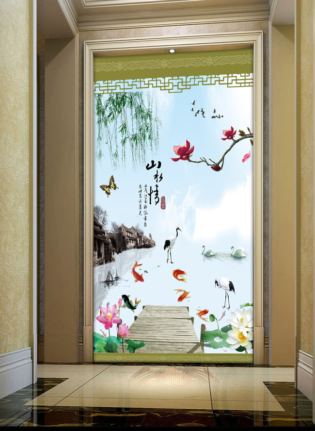 【本作品下载内容为:"山水情荷花赋中式客厅玄关背景墙壁画"模板,其他内容仅为参考,如需印刷成实物请先认真校稿,避免造成不必要的经济损失。】 【声明】未经权利人许可,任何人不得随意使用本网站的原创作品(含预览图),否则将按照我国著作权法的相关规定被要求承担最高达50万元人民币的赔偿责任。