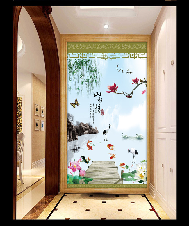 【本作品下载内容为:"山水情荷花赋中式客厅玄关背景墙壁画"模板,其他内容仅为参考,如需印刷成实物请先认真校稿,避免造成不必要的经济损失。】 【声明】未经权利人许可,任何人不得随意使用本网站的原创作品(含预览图),否则将按照我国著作权法的相关规定被要求承担最高达50万元人民币的赔偿责任。