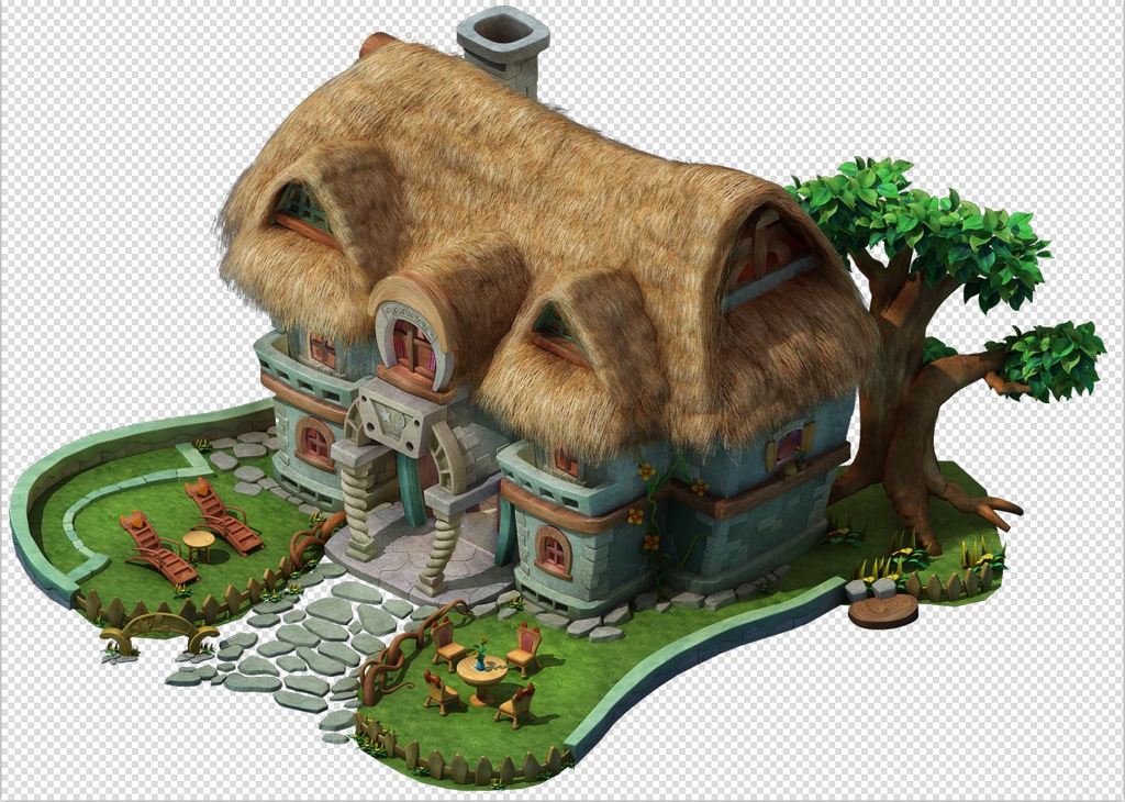 Q版三维可爱卡通大院草屋房子场景建筑模板下