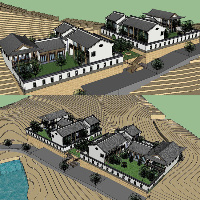 中式别墅su建筑徽派skp草图大师模型
