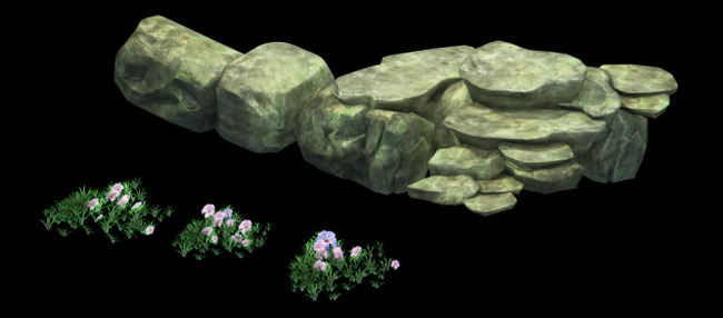 2.5D三维游戏卡通古代石头花草植物岩石模板