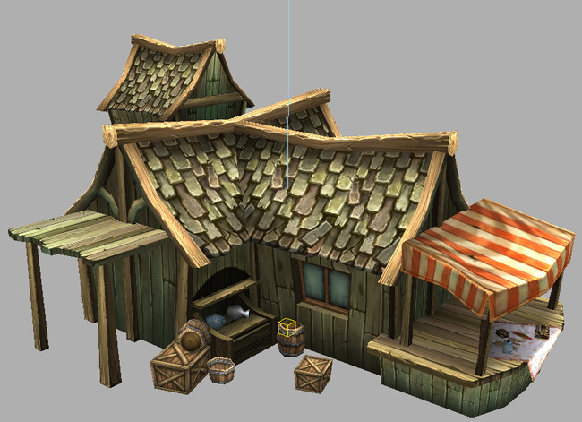 写实原画风格游戏模型小木房瓦顶模板下载(图