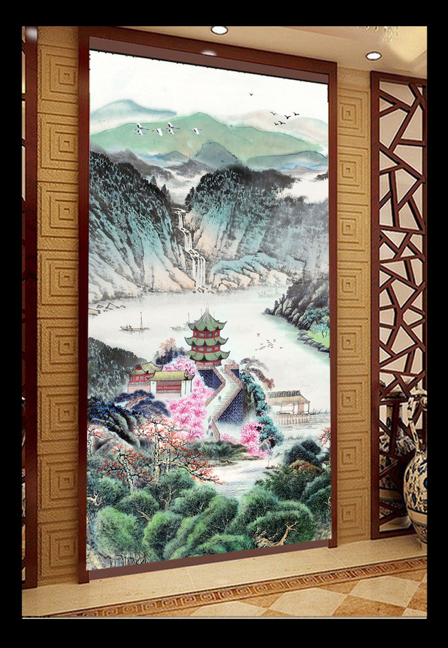 聚宝盆国画山水画风景画玄关背景墙图片下载竖幅 竖式 挂轴装饰画卷轴