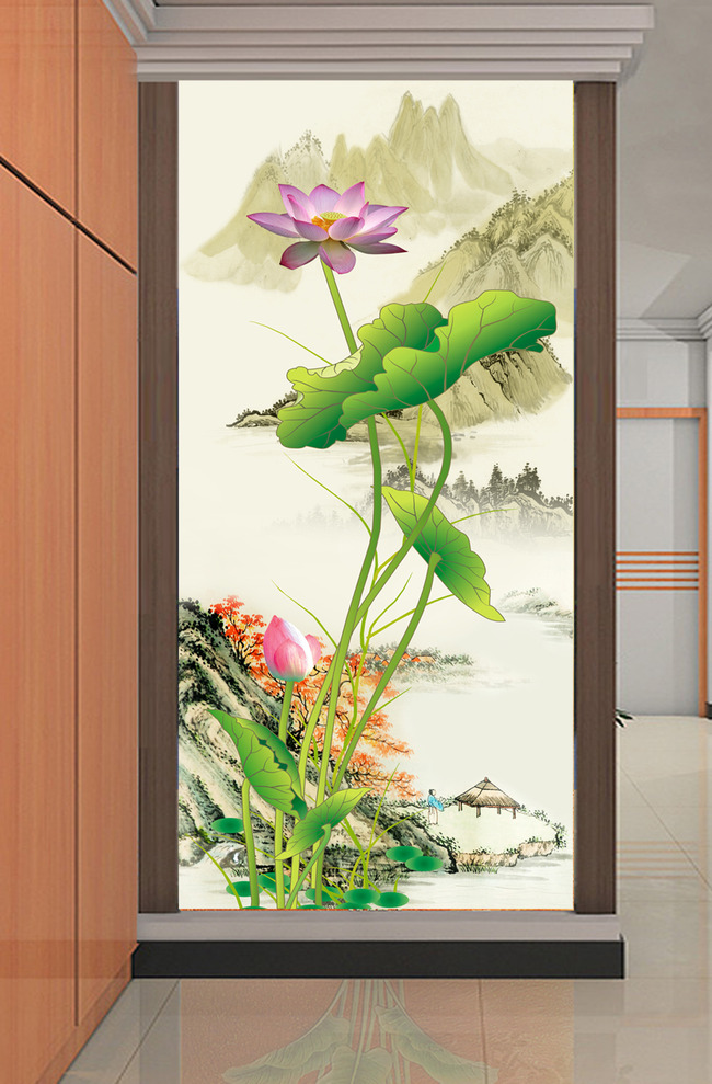 水墨画国画山水风景画荷花图玄关壁画图片