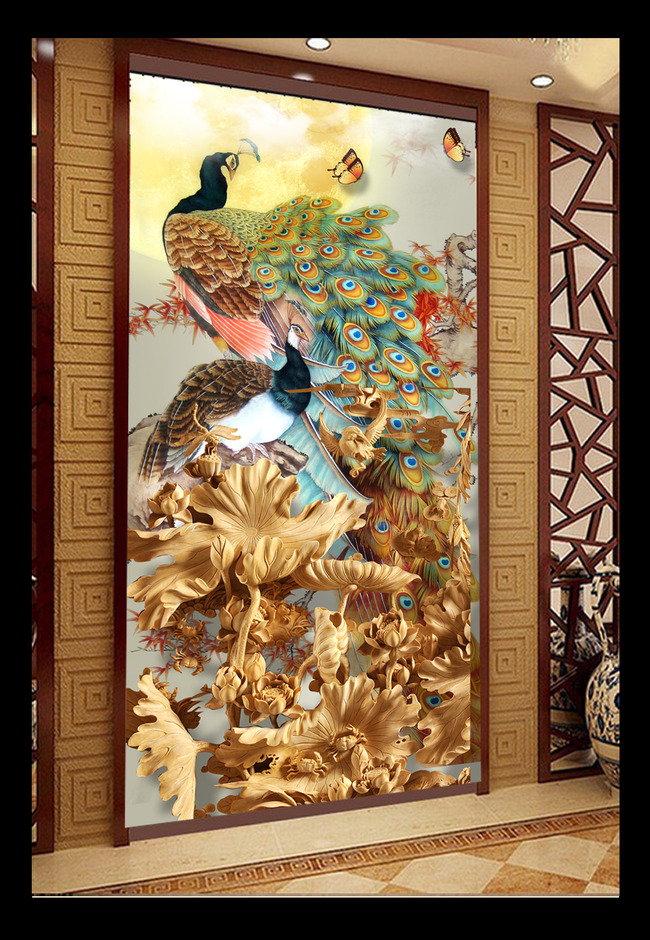 木雕荷花图牡丹花孔雀图国画中式玄关高清图片