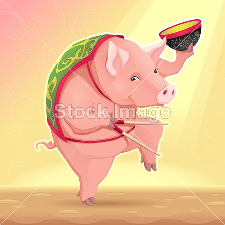 Funny pig with soup bowl and chinese sticks.图