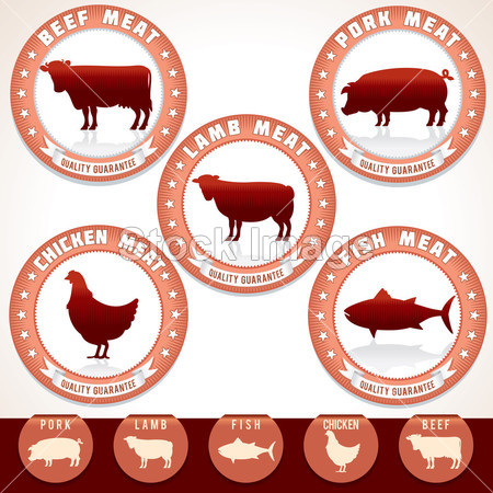 肉的标签。猪肉、 牛肉、 鸡肉、 羊肉、 金枪鱼