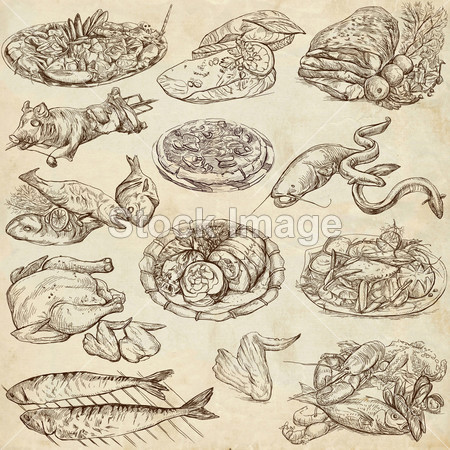 Food around the World, an hand drawn illustrati