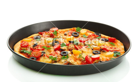 在煎锅上白色隔离海鲜美味比萨图片素材(图片