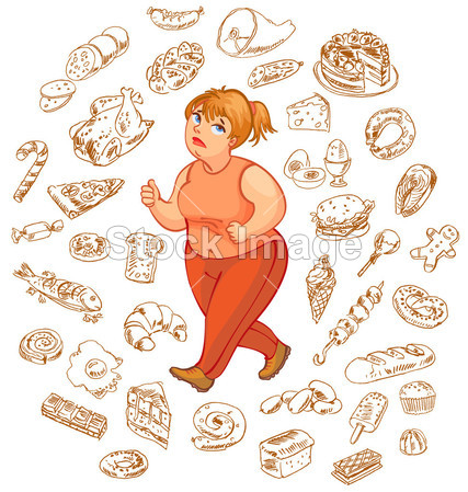 Fat woman dreams of high-calorie foods图片素
