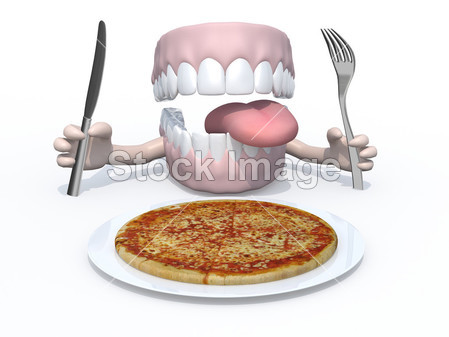 Open mouth with hands, fork and knife in front o