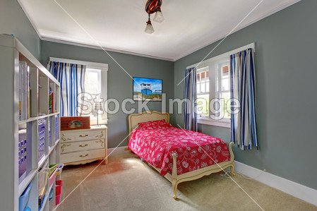 孩子们的卧室,红床和灰色的墙壁(图片编号501