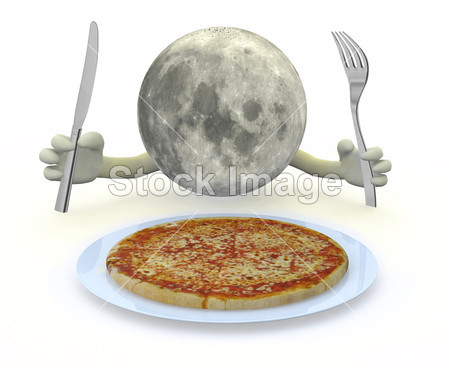 Moon planet with hands, fork and knife in front o