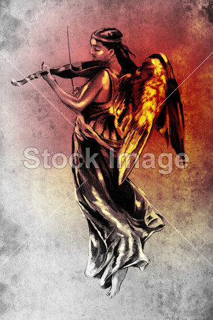纹身艺术,音乐天使与小提琴的剪影图片素材(图
