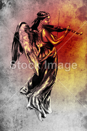 草绘的纹身艺术,小提琴在彩色背景的天使图片