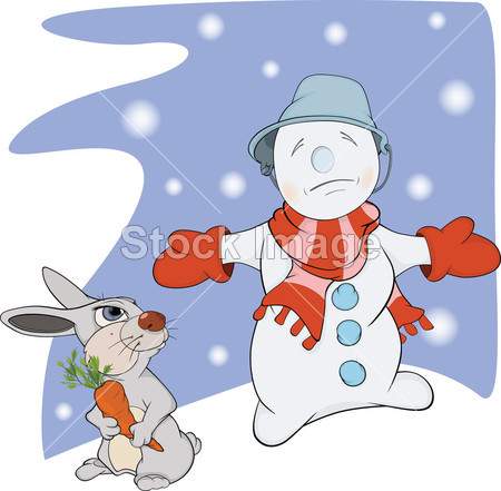 雪球、 兔子和胡萝卜。卡通图片素材(图片编号