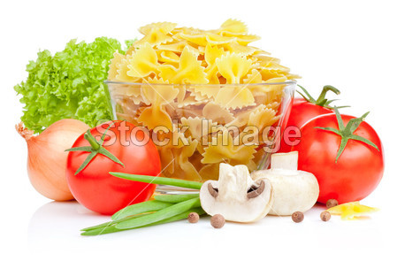 意大利通心粉番茄、 鲜葱、 生菜和 champign图