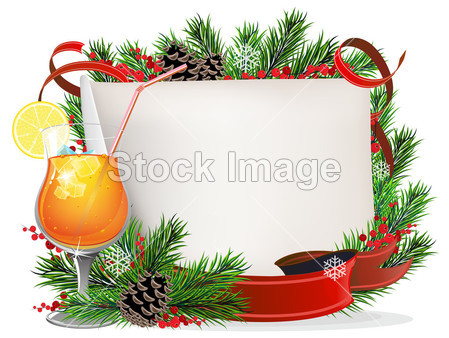 Orange cocktail, spruce branches and paper sc