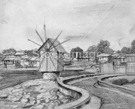 铅笔素描的内塞伯尔旧风车图片素材(图片编号