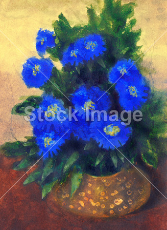 che painting. Blue flowers in yellow round vase图
