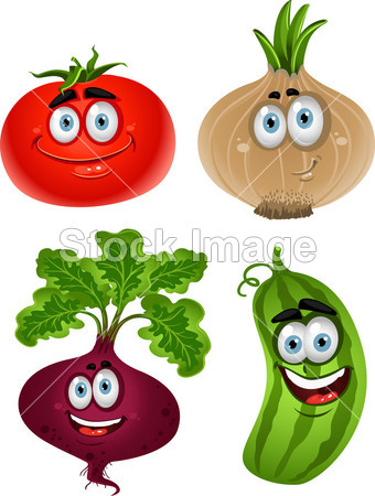 可爱的卡通可爱蔬菜-番茄、 甜菜、 黄瓜、 洋