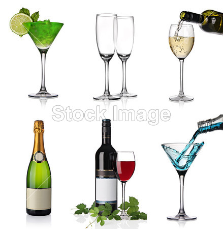 酒精与香槟、 红酒和鸡尾酒的拼贴画图片素材