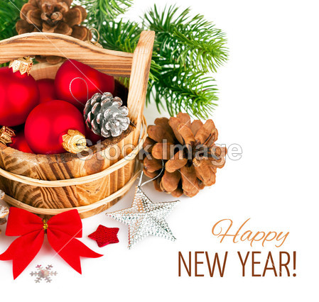 Christmas balls with branch firtree and red bow