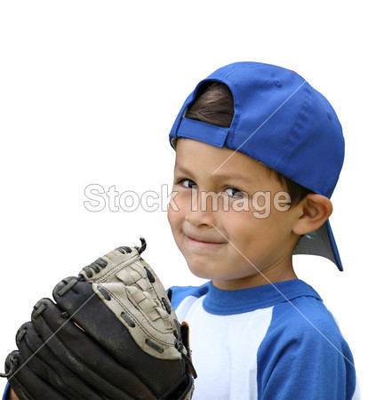 西班牙裔美国人棒球男孩蓝色和白色的衣服和手