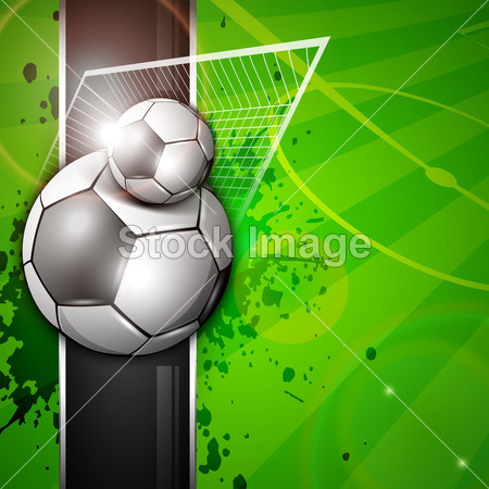 足球足球球门上足球体育场背景中的插图。10