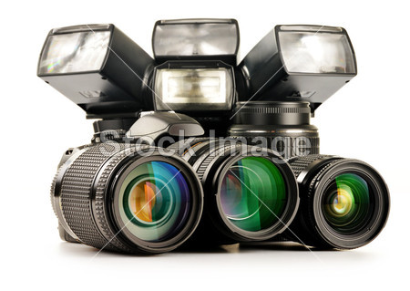 照片设备包括变焦镜头、 摄像机和闪光灯灯图