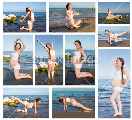 在海上的瑜伽姿势的放宽,锻炼的运动<em>文胸孕妇</em>
