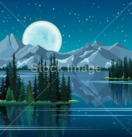 松树和满月反映在山与水图片素材(图片编号:5