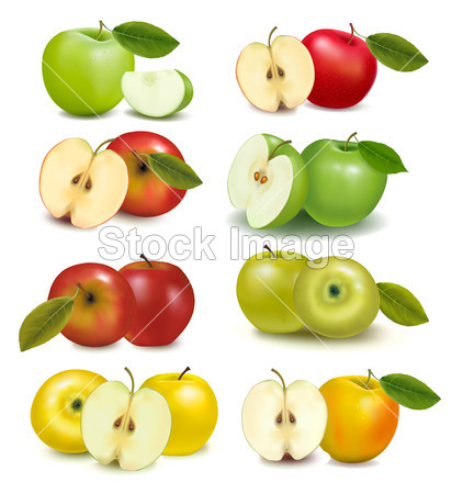 组的红色和绿色苹果果实与剪切和绿色的树叶。