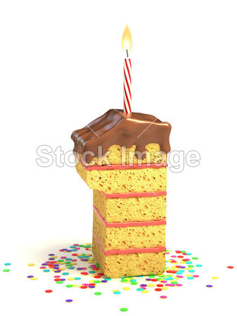 头号状的巧克力生日蛋糕,点燃的蜡烛和纸屑图