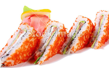 与三文鱼和鱼子酱飞鱼仔寿司三明治图片素材(